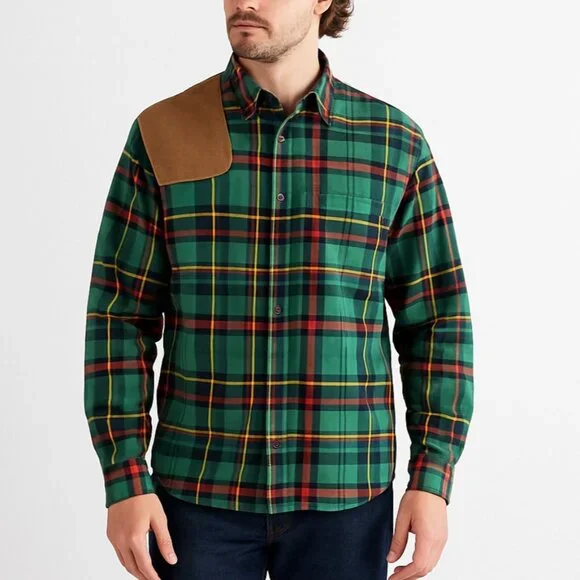 VTG Polo by Ralph Lauren Tartan Plaid Flannel Shirt Suede Shoulder Patch Size L - Picture 1 of 13